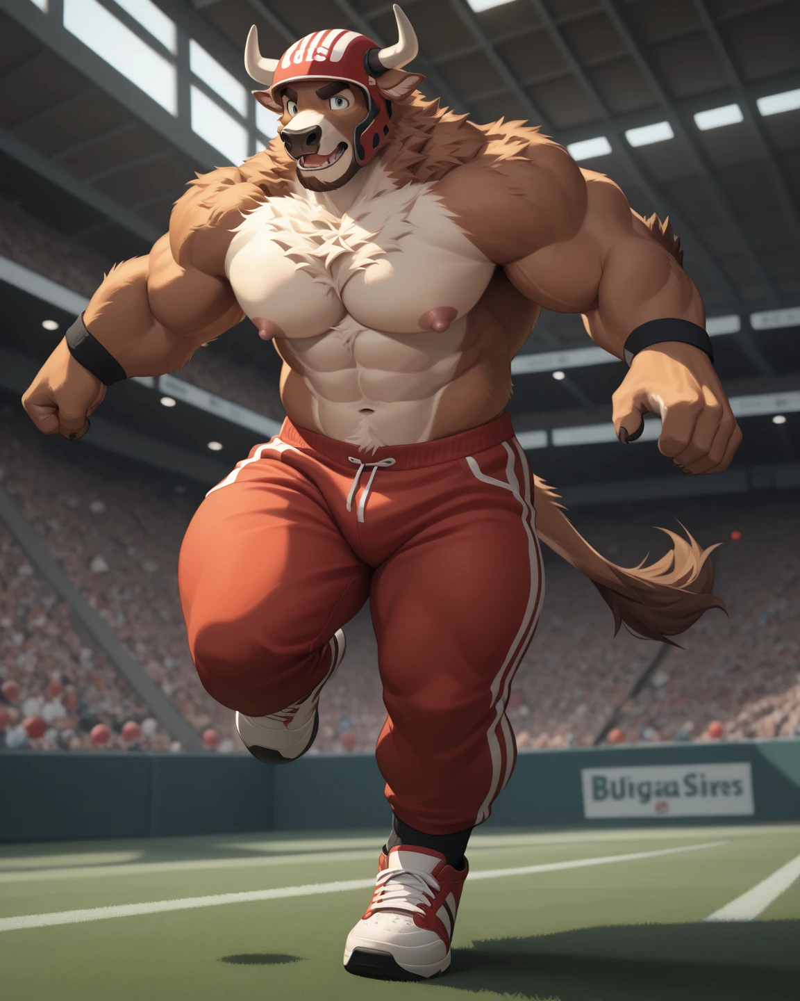 solo, 1boy, Huge wide thick Muscular Old Grizzly Bear wearing glasses , pectoral, huge pectoral, wide pectoral, short white hair, short pants, black wristbands, watch and shirtless and topless, bearded, Mustache, olympic stadium background, masterpiece, high detailed, 8k, high resolution, running all over the tracks, training, exercising