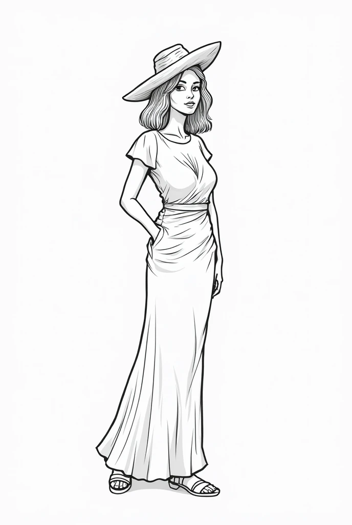 Plus size Black Women coloring page for adult, Fat Women coloring page, outline body, white skin, white body, beauties parfect face and body, full body, elegant clothes, instead of fat, white background, white skin