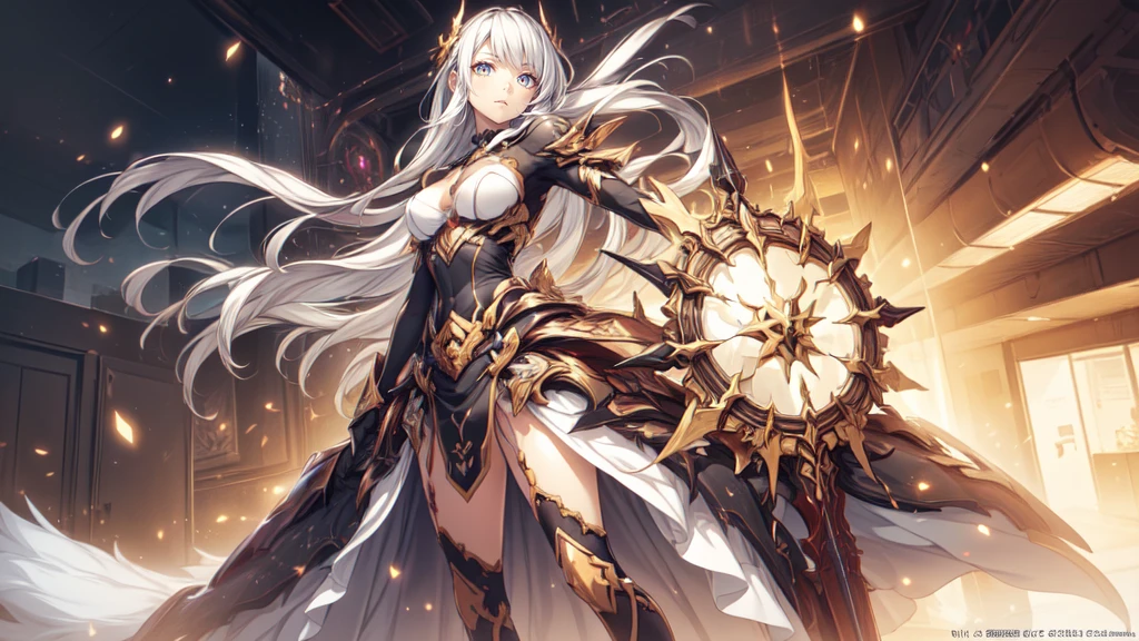 Girl with long silver hair and golden eyes，silver forehead protector，Chest，cleavage，Pitch black armor，Black Gauntlets，thigh，cross sword，moon，starry night