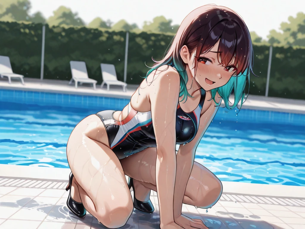 ((best quality)), ((masterpiece)), (detailed), 1girl, medium sized breasts, feminine short hair, black hair, gorgeous women, cat ears, green eyes, vertical slit pupils, black bikini, university pool background, smiling expression, wide shot, full body, standing, full shot