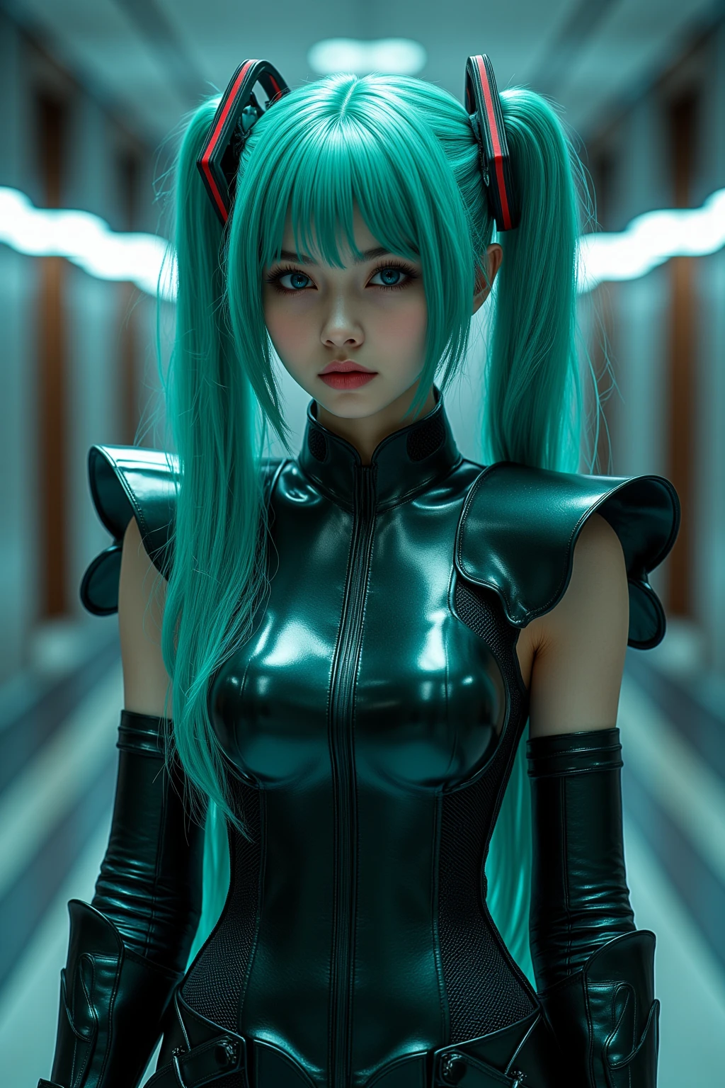 orderly moving walkway、Very Big Breasts、 Tall 180cm、No facial expression、I'm wearing dark green, shiny fantasy armor、Extremely beautiful Hatsune Miku and the others line up１stand in a row、clone production line、Cutting-edge technology、 Future、Dramatic Lighting、4K High Resolution、Photoreal、high contrast、vibrant colors、sophisticated style、Realistic Textures、exact details、high quality 3DCG finish, Detailed hands, S1n0z1ck style