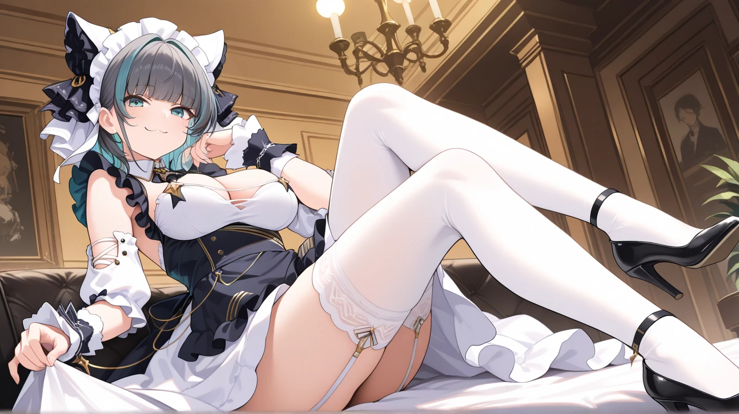 Beautiful illustration、top-quality、cute petit girl、(transform sequence)、((maid style leotard))、sixteen years old、Slender beautiful girl、Fractal Art、baby-face、((stright long hair))、Beautiful big drooping eyes、A smile、Full Body Display、Bedroom in the mansion、a bed、(1 persons)、long-sleeve、(knee high socks)、Fox ears、