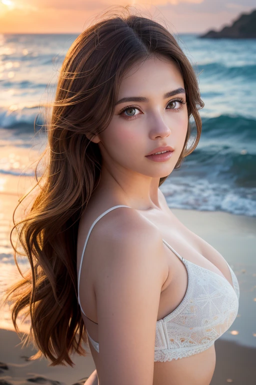 A spectacular photo, of a brown-skinned woman with long brown hair. With its typically Brazilian details, with a very eye-catching body. The photo captures fine details such as sweat droplets, eyelashes, and skin texture. The background is a beach on a very sunny day. The lighting is soft but highlights the contours of your body