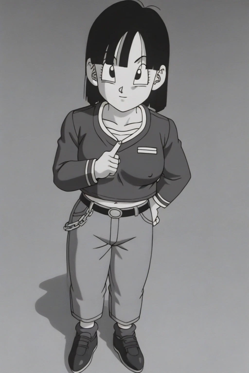score_10, score_9, score_8_up, score_7_up, score_6_up, score_5_up, score_4_up, BREAK, source_anime, anime screencap, anime coloring, videl, black hair, blue eyes, eyelashes, parted bangs, short cut, (see-through) bike shorts, black gloves, see-through black legwear, collarbone, fingerless gloves, gloves, shirt, short sleeves, white shirt, T-shirt is transparent with sweat and her sexy black lace fabric bra is showing through, medium sagging breasts, skinny, (short stack:0.5) outside, looking at viewer, cowboy shot, dutch angle, standing, hand on hip, raised eyebrows, perplexed, :o, question mark