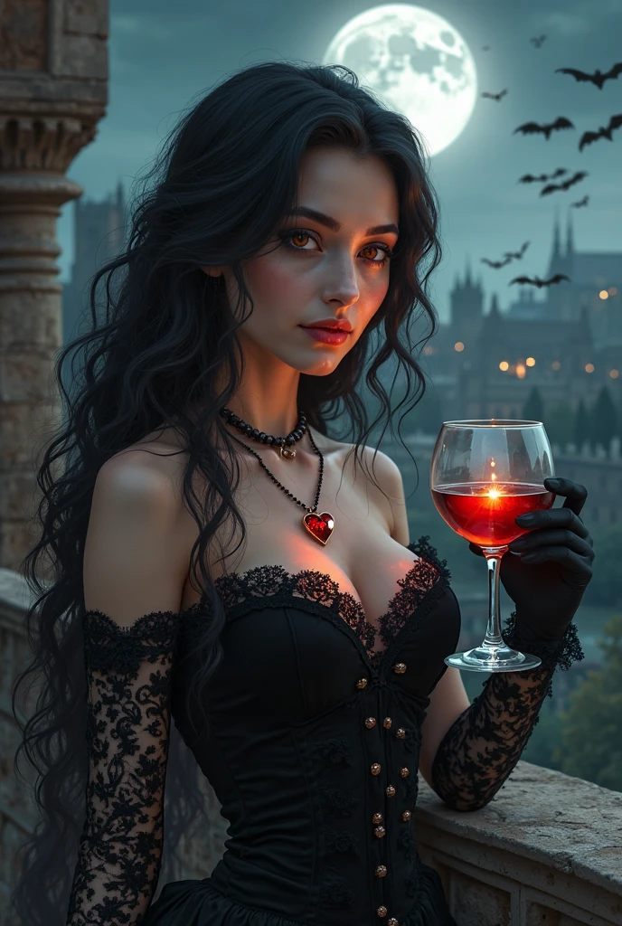 A seductive vampire with long, flowing black hair and piercing red eyes stands in a dark, Gothic castle. She is wearing a revealing, form-fitting black dress that accentuates her curves and is adorned with lace and intricate patterns. The vampire's skin is pale and luminescent, contrasting with the dark, shadowy background. She holds a wine glass filled with a crimson liquid, and her lips are slightly parted, revealing sharp fangs. The room is dimly lit by flickering candles, and heavy velvet curtains drape the walls, creating an atmosphere of mystery and allure. Aim for realistic depiction, make sure photos are at highest resolution (8K)