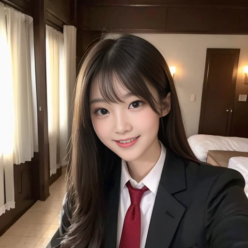 ((highest quality)), ((masterpiece)), (detailed), Perfect Face、The best beautiful girl、Japanese、The cutest high school girl in Japan、Live Action、Genuine、Big eyes、double eyelid、Long eyelashes、Tear bags、Glowing black eyes、Small face、Fair skin、Slimming、thin、Semi-long hair、Straight nose、thin唇、Glossy lips、smile、uniform、Navy Blue Blazer、Checkered pleated skirt、White socks、black loafer shoes、Night Classroom、cuteチョーカー、thin腕、Beautiful feet、Small breasts、Small Bust、like々Interesting Expressions、Pure、Transparency、Idle class、cute、mature、Genuine、High resolution、32k.Exposed Skin、Soft Skin、A cup bust、Small face、Translucent white skin、A pure and beautiful woman、Sparkling、looks happy、spotlight on face、A cheerful expression、Night Bedroom、On the bed、A clean-cut beauty、slender