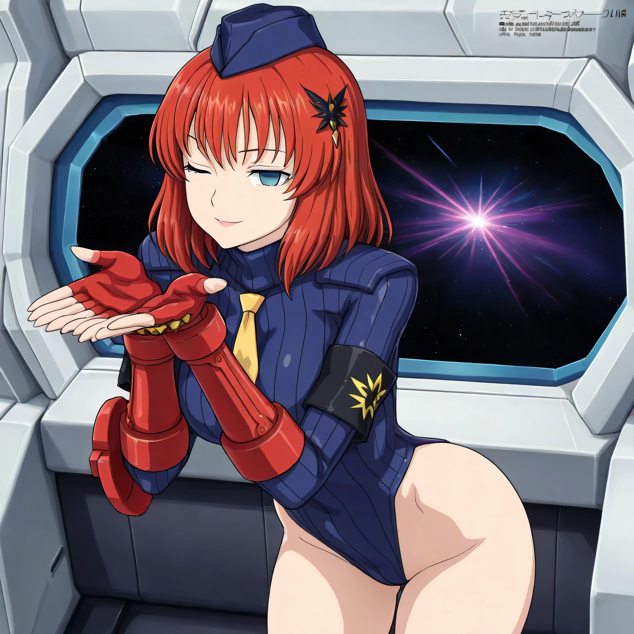 (((Masterpiece))), (((Best Quality))), ((Super Detail)), ultra-High resolution, score_9,score_8_up,score_7_up,score_6_up,score_5_up,score_4_up, BREAK, source_anime, anime screencap, uncensored, rating_explicit, Masterpiece, (absurdres), (detailed background), (very aesthetic), detailed beautiful eyes, outstanding, an exquisite animation illustration, curvy, highres, dark persona, shadaloo dolls, red gloves, hat, cowboy shot, fingerless gloves, gauntlet, red gauntlet, leotard, cosplay, highleg, highleg leotard, red gloves, garrison cap, dark persona, ribbed leotard, yellow necktie, (((solo, 1girl))), hair ornament, submissive pose, seductive pose, anime style, anime coloring, animification, megami magazine, emotionless, empty eyes, expressionless, blank eyes, large breast, gaw ha leccee, gaw_ha_leccee, l-gaim, red hair, blue eyes, medium hair, spaceship interior, space, window, indoor, leaning forward, blowing kiss, bent over, wink, smile, seductive smile, sexy pose
