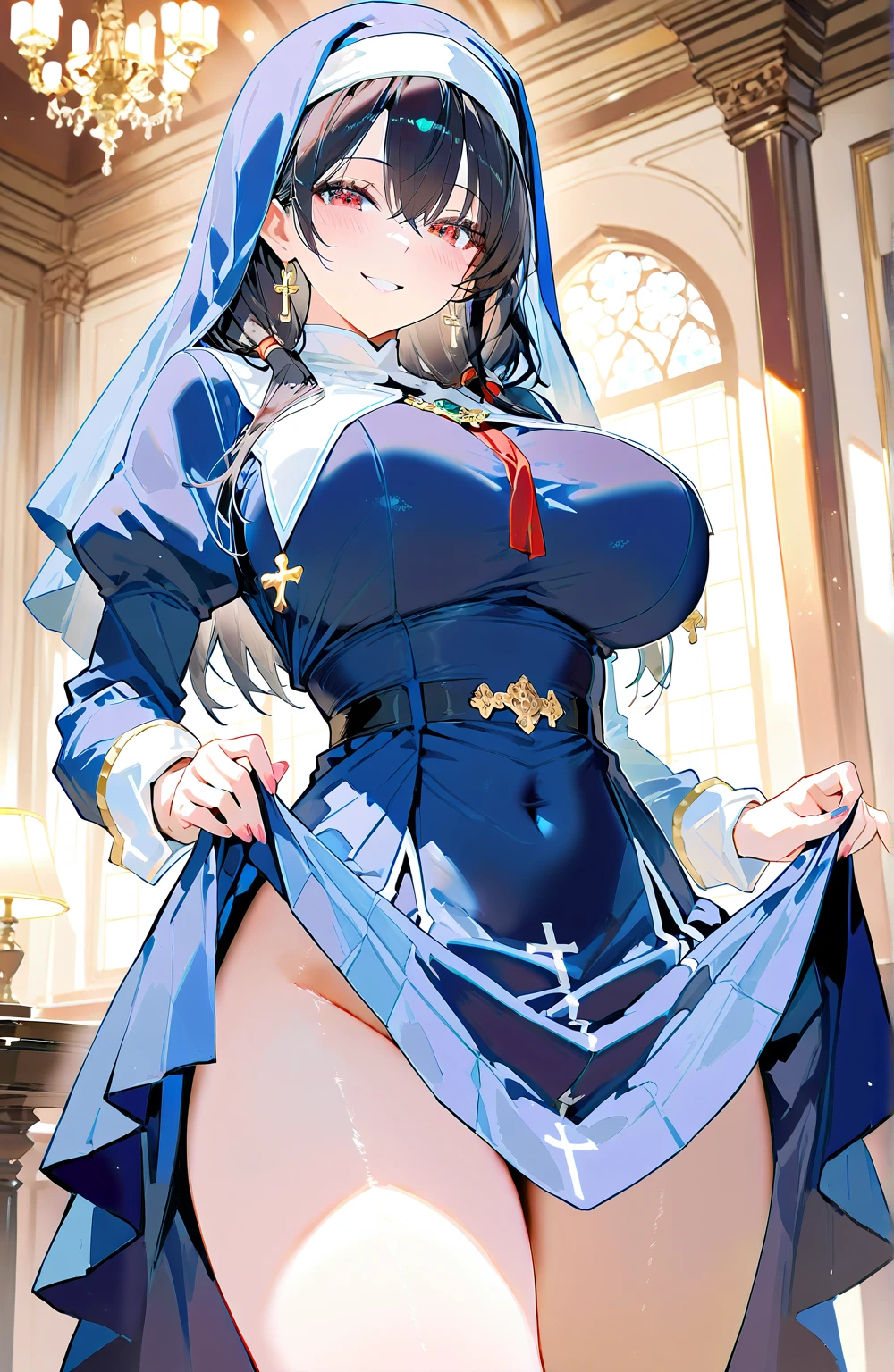 (best quality, In 4K, 8K, High resolution, muste piece:1.2), ((solo)),Super detailed, (Reality, photorealistic, photorealistic:1.37),  30 year old woman,ripe woman,((inside a church),muste piece, Top quality, Ultra-fine,maximum resolution, Extremely detailed, ((Drooping eyes,nun,thigh high socks,mini skirt,White leotard,Angle from below)),Cord,embarrassed face,Seductive thighs,huge boobs,Blue hair,big ass,From the back