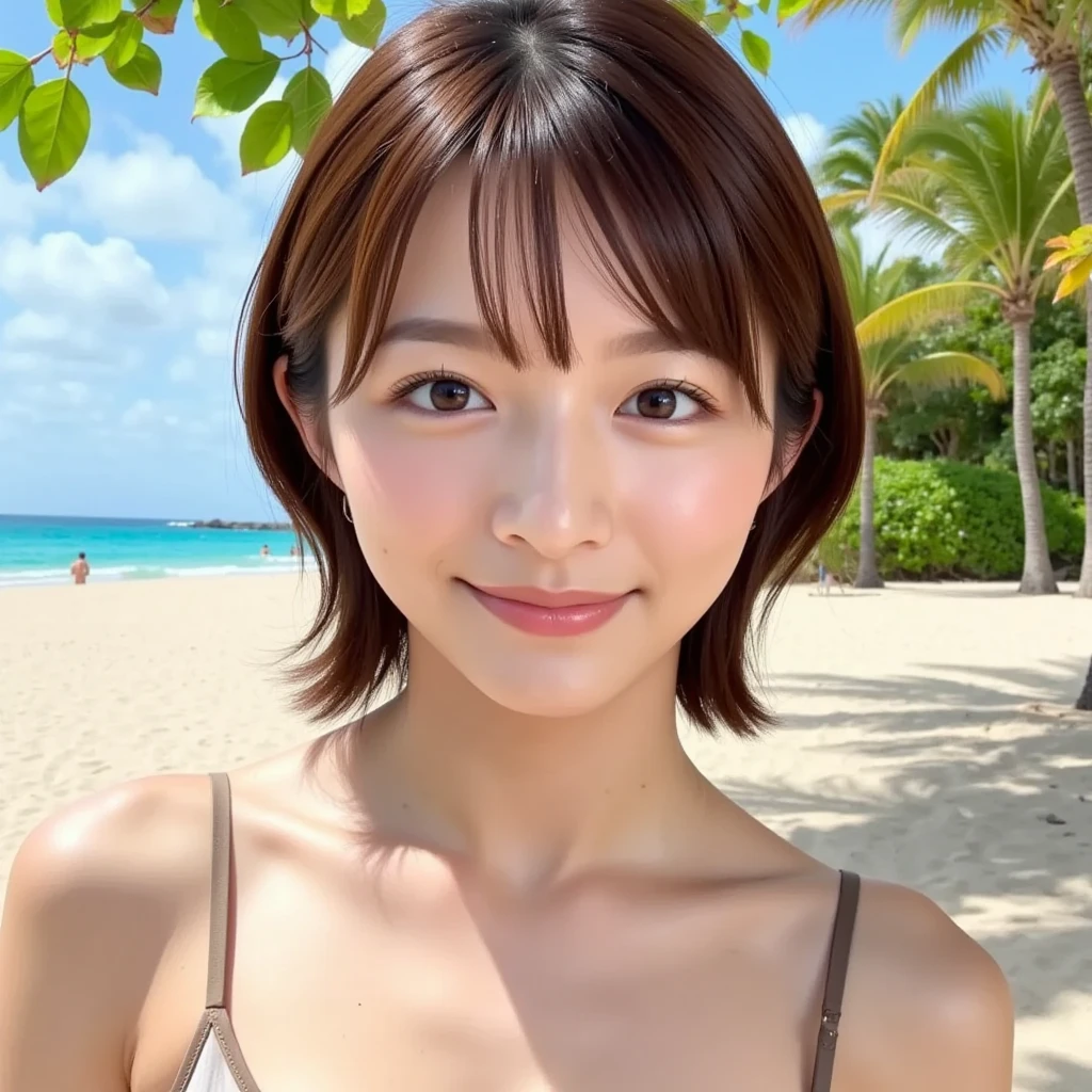 highest quality、Realistic、zoom、Chestnut Hair、Gray Eyes、short hair、One piece swimsuit、Sunburned、Tan、Brown Skin、Sweat、smile、、Ocean、Chubby、Full Body