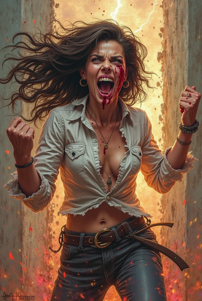 Kira, female warrior, lunging forward, combined weapons primed, devastating assault, transformed state, dynamic action pose, hyperrealistic, cinematic lighting, muted color palette, dramatic atmosphere, masterpiece, photorealistic, 8k, detailed textures, intricate character design, powerful expression, epic fantasy, sci-fi, digital art