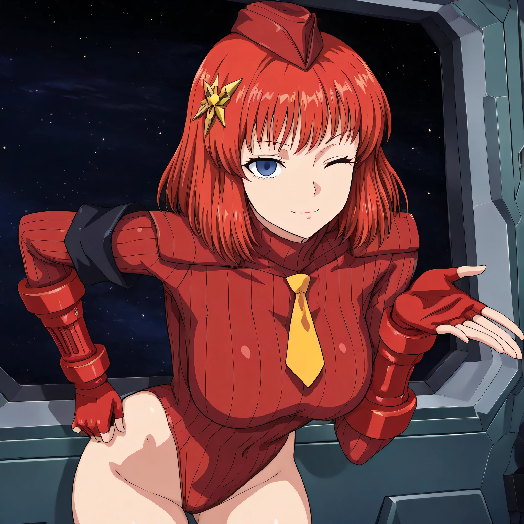 (((Masterpiece))), (((Best Quality))), ((Super Detail)), ultra-High resolution, score_9,score_8_up,score_7_up,score_6_up,score_5_up,score_4_up, BREAK, source_anime, anime screencap, uncensored, rating_explicit, Masterpiece, (absurdres), (detailed background), (very aesthetic), detailed beautiful eyes, outstanding, an exquisite animation illustration, curvy, highres, dark persona, shadaloo dolls, red gloves, hat, cowboy shot, fingerless gloves, gauntlet, red gauntlet, leotard, cosplay, highleg, highleg leotard, red gloves, garrison cap, dark persona, ribbed leotard, yellow necktie, (((solo, 1girl))), hair ornament, submissive pose, seductive pose, anime style, anime coloring, animification, megami magazine, emotionless, empty eyes, expressionless, blank eyes, large breast, gaw ha leccee, gaw_ha_leccee, l-gaim, red hair, blue eyes, medium hair, spaceship interior, space, window, indoor, leaning forward, blowing kiss, bent over, wink, smile, seductive smile, sexy pose, retro artstyle,