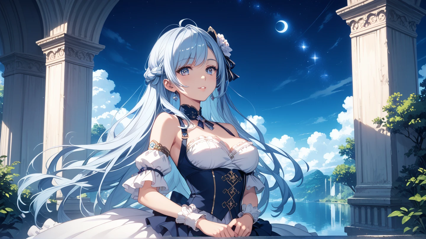 (masterpiece, best quality, beautiful and aesthetic:1.3), look back, side view, 1woman, solo, matured woman,  (Silver blue hair streaked purple:1.4), (Gradient sky blue hair ends:1.6), hair strand, absurdly long hair, single sidelock, wavy hair, shiny hair, floating hair, (deep red eyes), delicate eyes, aqua eyes, super high detailed eyes, long upper eyelashes, makeup, Focus on face, Very detailed facial, Perfect breasts, hot body, (Delicate skin texture:1.2), bridal veil, lace-trimmed dress, see-through, wedding dress, outdoors, white roses, garden, morning, standing, extreme detailed, (A little embarrassing)