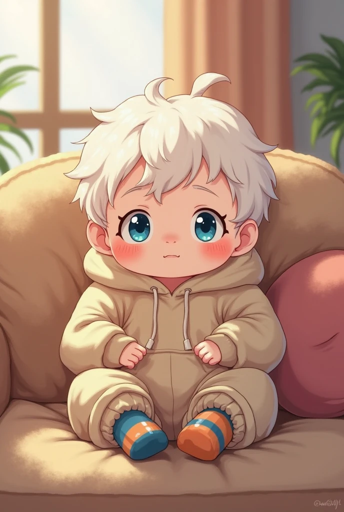 A age boy with white hair in a large nursery, holding a baby pacifier, playing with baby toys, wearing a onesie pajama, drooling, wearing a diaper, sleeping in a crib, holding a stuffed animal, high quality, extremely detailed, highly detailed, masterpiece, soft lighting, warm colors, pastel colors, adorable, cute,