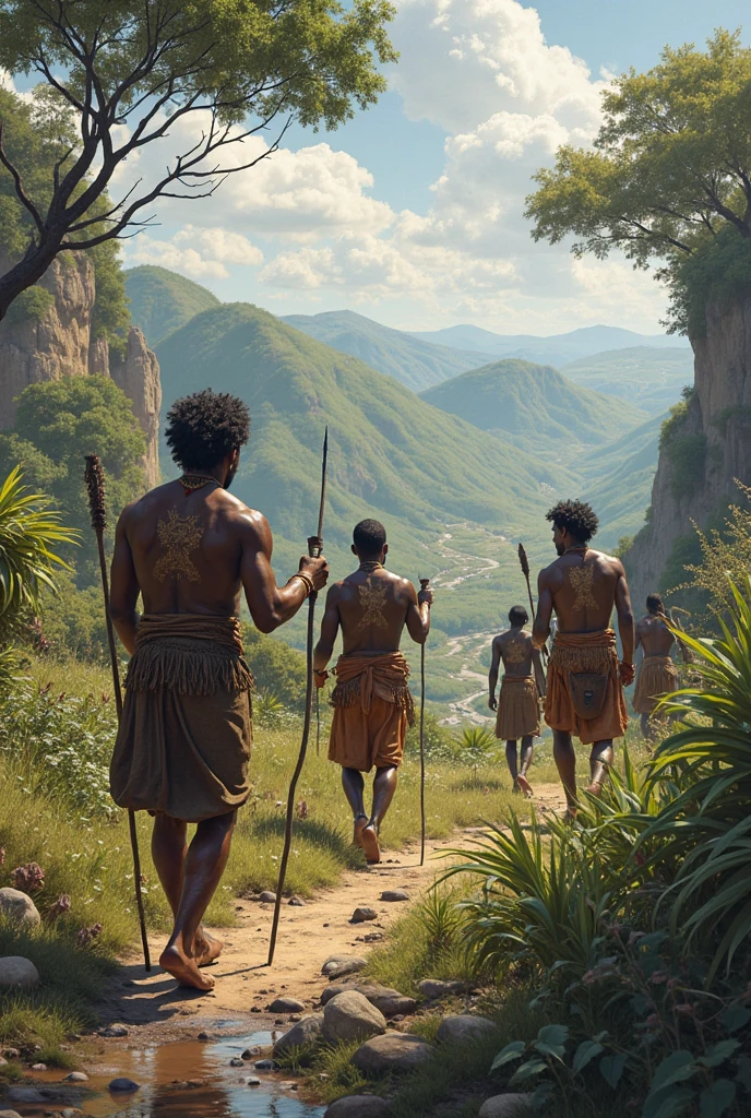 A group of Brazilian indigenous people from the Amazon with few clothes, discutindo com raiva em um fundo com montanhas e uma grande caverna ao centro , uma caverna assutadora