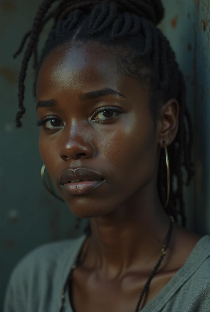 masterpiece, best quality, ultra high res, 1 dark skinned African girl, (blue eyes), (fractal art:1.3), deep shadow, dark theme, fully clothed, necklace, forlorn, cowboy shot