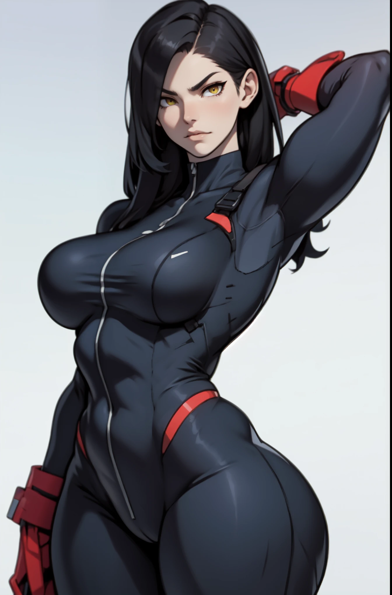 ((girl muscular thick)) pale skin black hair ultra detailed eyes huge large breasts toned body embarrassed blush very long hair skintight suit yellow eyes hair flaps cleavage
