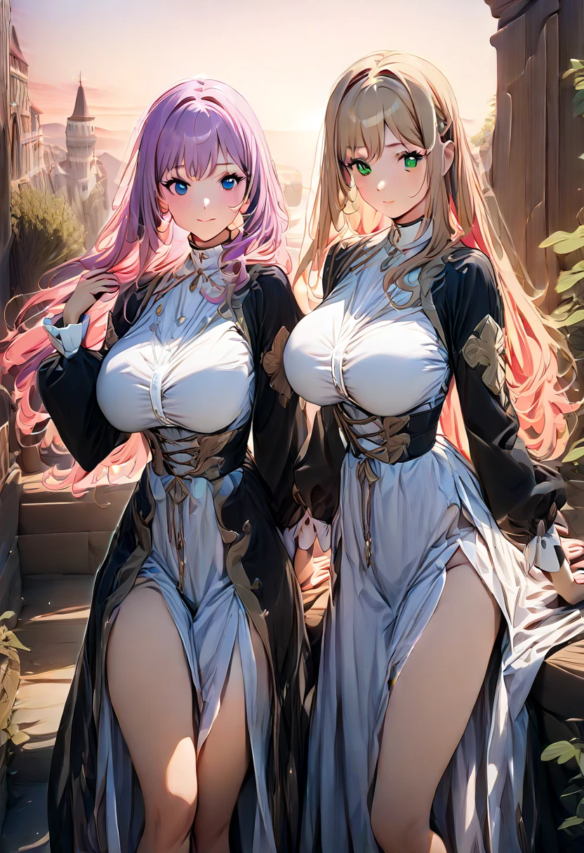 lexiavonarselia, lexia von arselia, long hair, blonde hair, (green eyes:1.5), ponytail, pink hair, (((big breast))), large breast, BREAK dress, bare shoulders, detached sleeves, white dress, BREAK looking at viewer, full body, (masterpiece:1.2), best quality, high resolution, unity 8k wallpaper, (illustration:0.8), (beautiful detailed eyes:1.6), extremely detailed face, perfect lighting, extremely detailed CG, (perfect hands, perfect anatomy),
