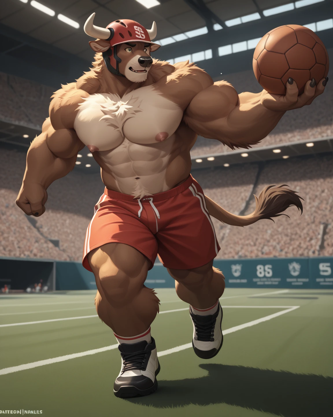 solo, bobcat, four identical heads on one body, balding, gray hair, beards, bobcat ears, bobcat tail, masculine, necks, pixar eyes:1.1, adult, male, 50 years old, by dramamine, fat, short, dadbod, chubby, big belly, sweaty, spotted brown fur, football field background, shirtless, black athletic shorts, big nipples, correct hands, correct anatomy, ultradetailed, best quality, detailed masterpiece, highly detailed masterpiece, 4k, professional cartoon, detailed pose, detailed expressions, shouting, angry, shocked, excited