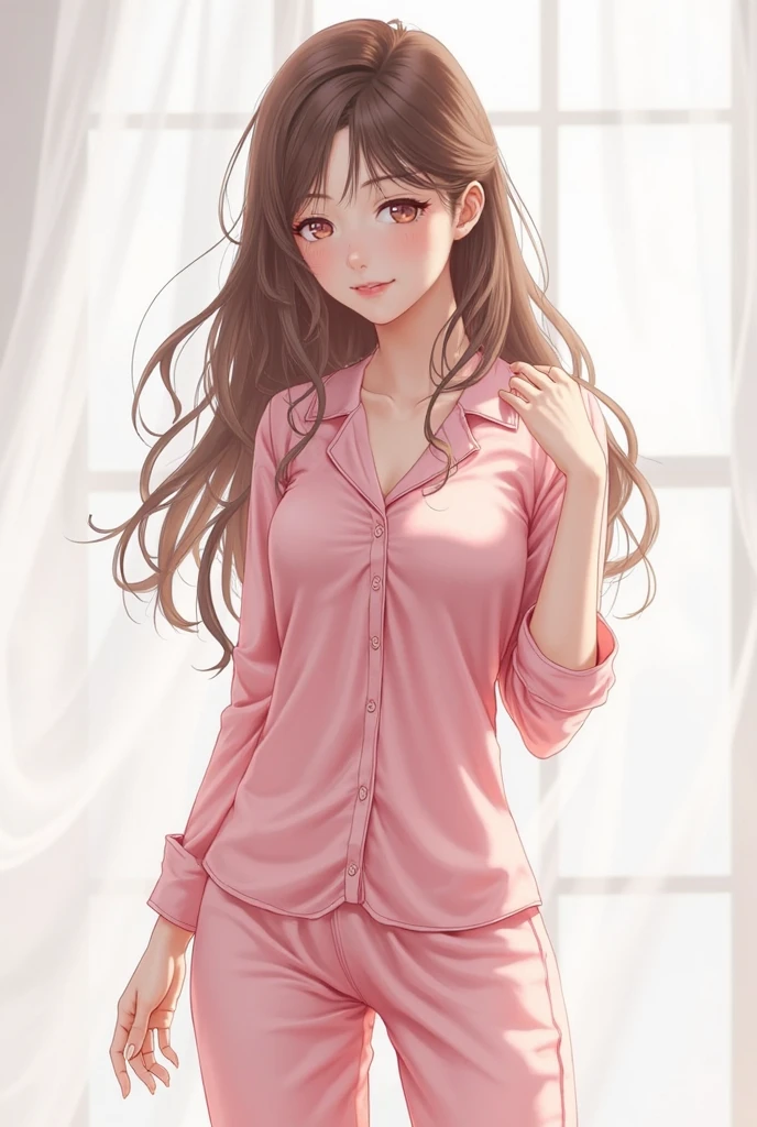 Sleeping girl, 22 years old, realistic, she is wearing long pants, she is wearing pink pajama, brown hair.