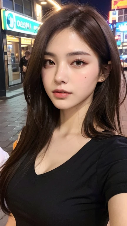 ((realistic lighting, best quality, 8K, master piece:1.3)), sharp focus:1.2, 1 girl, beautiful woman with perfect figure:1.2, ((dark brown hair)), (Leisure Set:1.2),Inside a stylish cafe,Extra-fine face,fine eyes,double eyelid,
