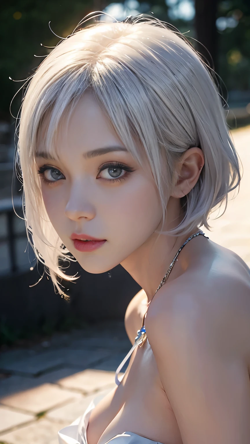 (masterpiece:1.3), (8k, Realistic, RAW Photos, Best image quality: 1.4), Fair-skinned fairy woman、Long Hair、Cleavage:2.0、Highly detailed face、Attention to detail、double eyelid、Chest to chest、Sharp focus:1.2、Beautiful woman:1.4、Silvery white hair、Highest quality、masterpiece、Ultra-high resolution、(Realistic:1.4)、Highly detailed and professionally lit smiles、Loose, Light, steampunk、Shoulder out、thin、Serious expression、Short-haired、Deadly position, One person、whole body,Walking on the beach、Gorgeous Necklace、