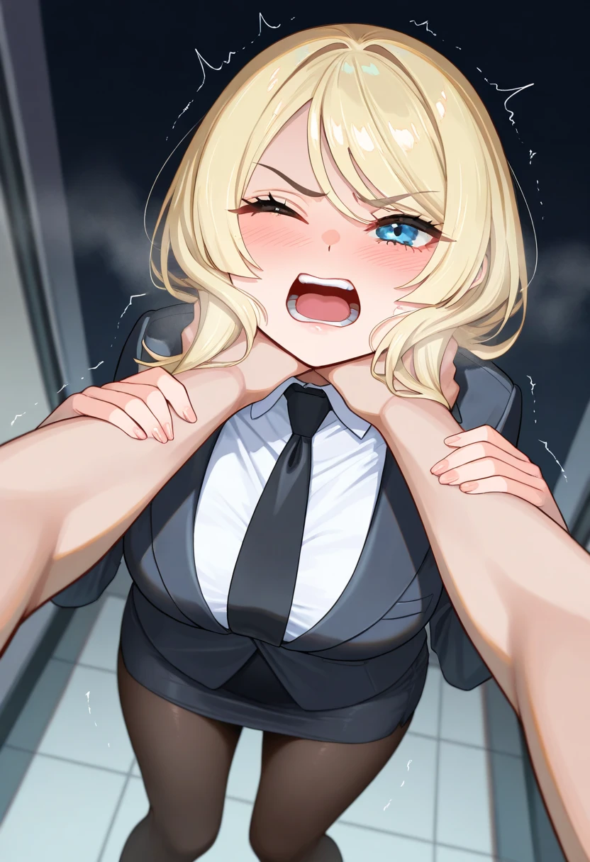 (fpv), 2girls, large breasts, long hair, paizuri, dark-skinned female, ejaculation, cum, veiny penis, motion lines, indoors, under desk, office, gloves, finger in mouth, open mouth, tongue out, half-closed eyes, carpet, desk, looking at viewer, red eyes, cum on face, from above, aftersex