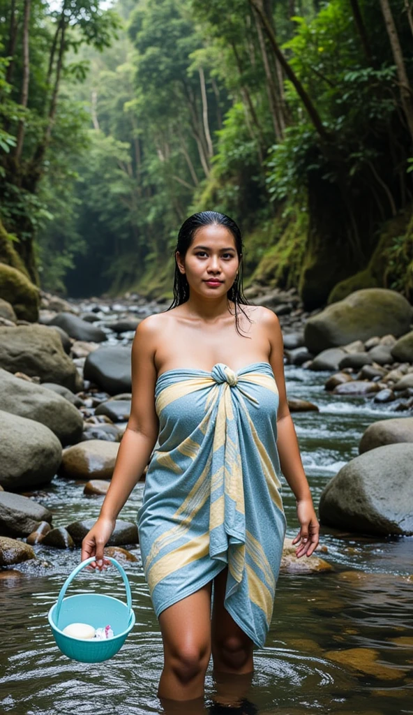 Realistic photo depicting an Indonesian woman, villager, poor woman, 40 years old, wearing peach color hijab, wearing peach color bra, wearing very short see-through peach color lace skirt, smiling, dark skin, curvy body, 150 cm height tall, thick thighs, thick arms, standing in creek, facing the camera, full body, making it very realistic and detail