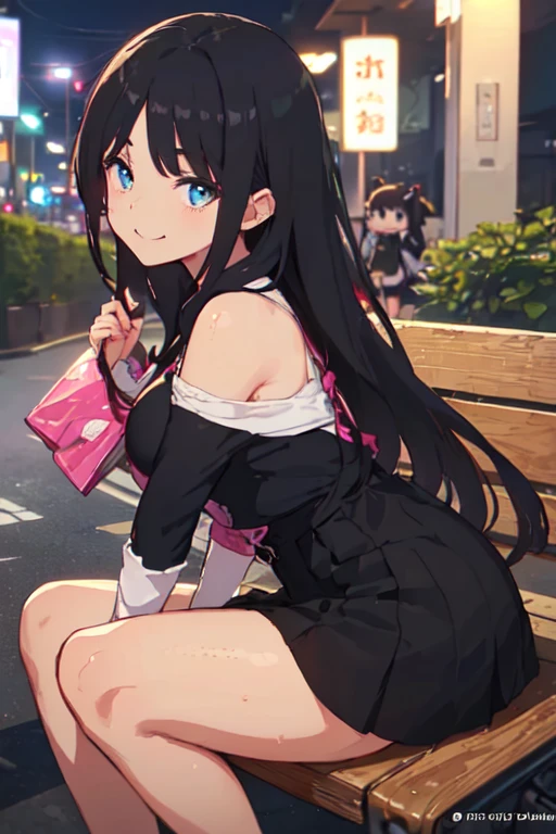 masterpiece、highest quality、High resolution、1 girl、(alone)、red eyes、beautiful long hair、tie hair neatly、slender、thin legs、(night、on board、deck、outdoor、A large audience is watching in the background)、Detailed facial depiction、shy smile、(aayorf、hair band、jet black hair)、((black dress、has a needle-like weapon、black tights、white panties、Panty shot))、((Lots of spectators in the background、crowd in the background、the crowd is looking at you))、Twisting your body to attack、looking at her from below、Raising one knee and kicking