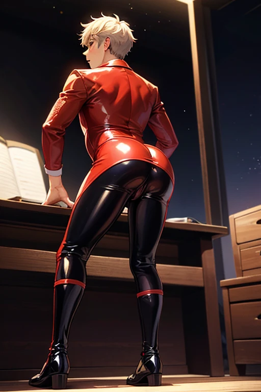there is a woman in a short black dress walking down a hallway, wearing a formal suit, in a strict suit, in strict suit, (sfw) safe for work, in the office, pantyhose, girl in suit, wearing tight suit, looking from behind, tight costume, wearing headmistress uniform, ready for a meeting, see-through skirt, big-ass, Red sexy lingerie