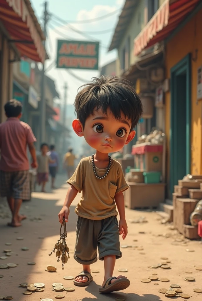 Father and mother in background and boy doing hardwork for makes him happy in mumbai street in neon light effects