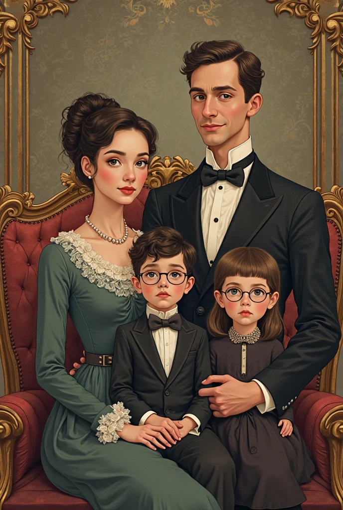 Victorian style illustration of a white couple, Black curly haired boy with glasses next to a straight haired girl with glasses 
