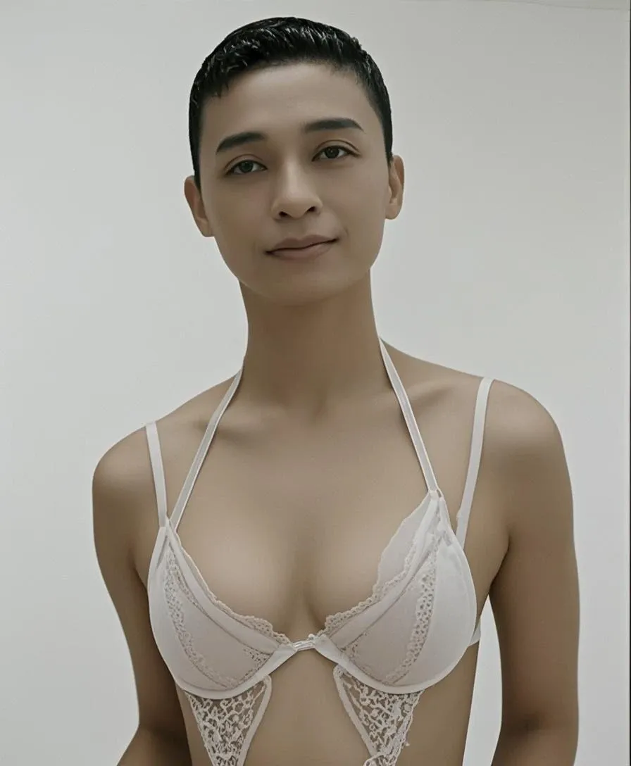 "Naked Bra" ((Hairstyle is shaved head, skinhead)), (Malaysia female), age 45 years old, 8K, photottorialism, G-String