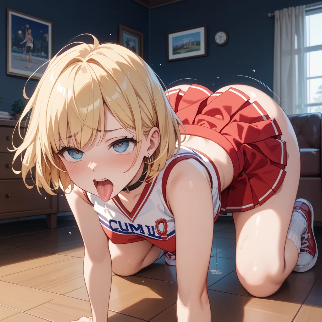 Cheerleader, Dancing, sit, Stepping、Spread your legs、Blonde twin tails,((nsfw)), (((nude))),((pussy)),from the front、stage