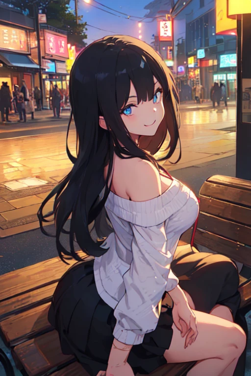 Masterpiece, best quality, expressive eyes, perfect face, 1girl, breasts, sweater, solo, long hair, large breasts, smile, white sweater, turtleneck sweater, looking at viewer, night, turtleneck, ribbed sweater, yellow eyes, blush, long sleeves, sky