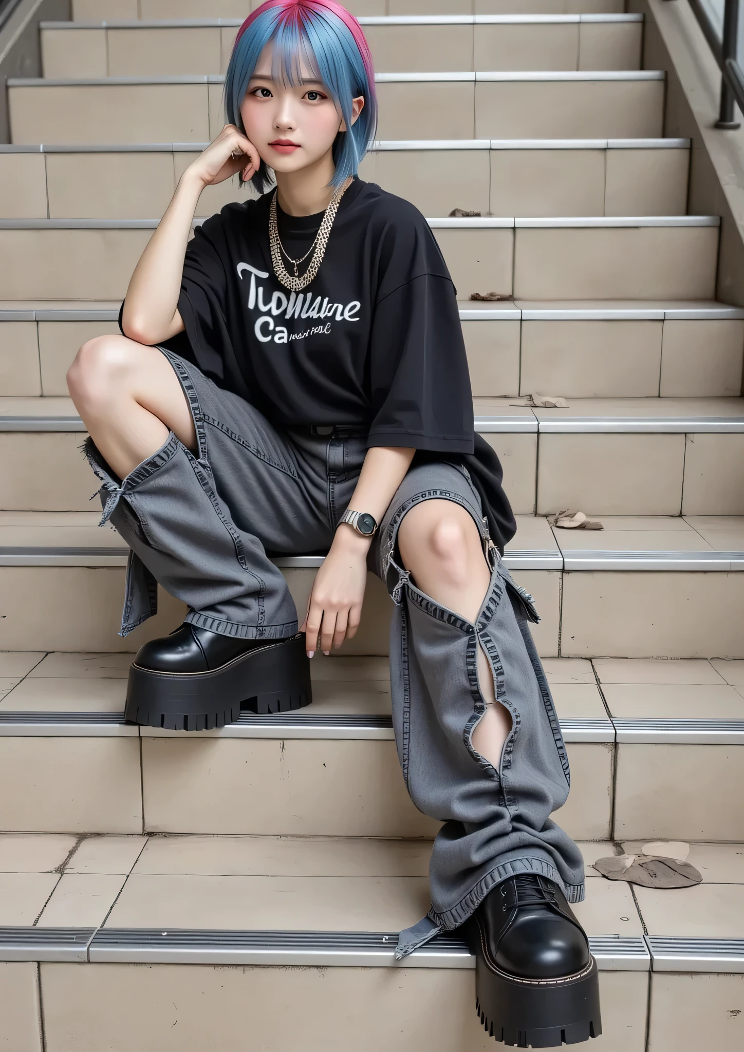 layering over another black outfit、sitting casually on the stairs、striking pink mesh hair、 she exudes a relaxed atmosphere.,、cut into a modern bob、stairs layering over another black outfit, oversized black t-shirt、streetwear vibe. style、adding an artistic touch to the outfit、streetwear vibe, The shirt features an abstract design with white lettering {x} exudes an edgy, fashion-forward style {x} accessories include a prominent silver chain necklace {x} accentuates the casual yet expressive nature of the outfit {x} High Platform Black Shoes with unique cutouts and Very wide leg grey denim pants with strap detail、's laid-back and confident attitude、reflects、The neutral setting on the large, Adding texture and fun、stairs、people wear impressive steel blue hair