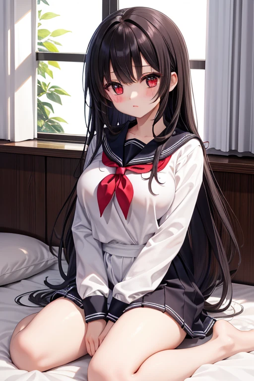 "(Masterpiece), best quality, anime style, effeminate, on the bed, tied with ribbon,(1 trap:1.2), wet white blouse, panties showing package:1.3), dark hair, light skin, raised arms, sfw, sensual, ecchi,"."