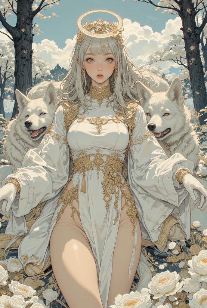 Best Image Quality, MasterPiece, Ultra High Resolution, (Accuracy: 1.4), Photo, 1 Girl, (Holding a White Fluffy Rabbit in Her Hands), Central Model Walking in Front of the Camera, (Japanese Revealing Clothes), White Robes, Mesh Stockings, Ribbon, White Hair, Long Straight Hair, Bangs, Full Body, Big Breasts, Bare Breasts, Beautiful Legs, Slender Legs, Very Long Hair, Night Sky Background, Red Moon, Extremely Detailed Eyes and Face, naked body,, nfsw Beautiful detailed eyes, halo around the head, dull, dark, membranous, 1.5), (erotic clothing: 1.4), bare shoulders. --auto
