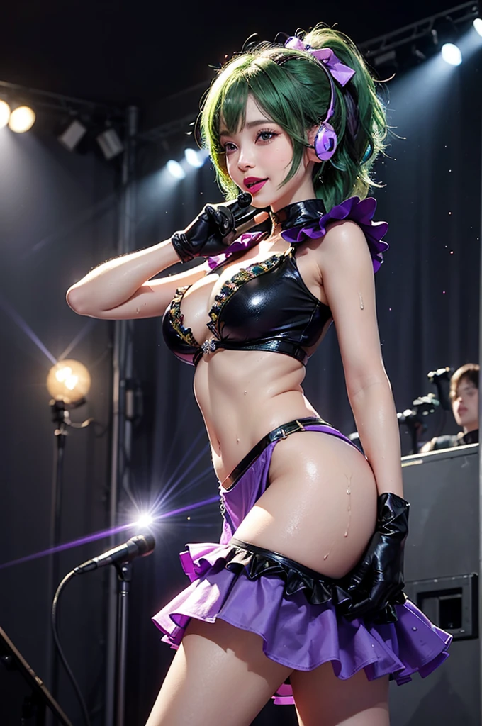 (realistic:1.3), finely detailed, quality, rembrandt lighting, (masterpiece:1.2), (photorealistic:1.2), (best quality), (detailed skin:1.3), (intricate details), dramatic, ray tracing, 1girl, japanese girl, 21 years old, detailed skin texture, (blush:0.5), (goosebumps:0.5), subsurface scattering, smiling, medium breasts, long hair curls, bangs, hair between eyes, multicolored hair, edgRavegirl, hood, bikini top only, miniskirt, fishnets, fur legwarmers, multicolored clothes, colorful, multicolored skirt, multicolored legwear, wearing edgRavegirl, dancing vigorously, (night sky, rave party, dance performance stage, multicolored floodlights, party crowd), <lora:edgRaveGirls:1>