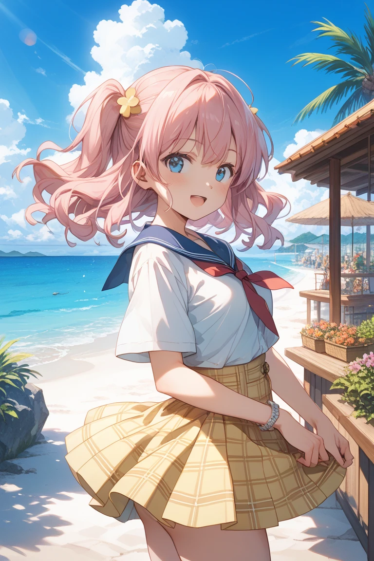 Highest quality、masterpiece、beautiful、Detailed、Age: 12、middle School girls、Beach、dynamic pose、Angle from below、smile、Slim figure、(Wet and see-through clothing:1)、