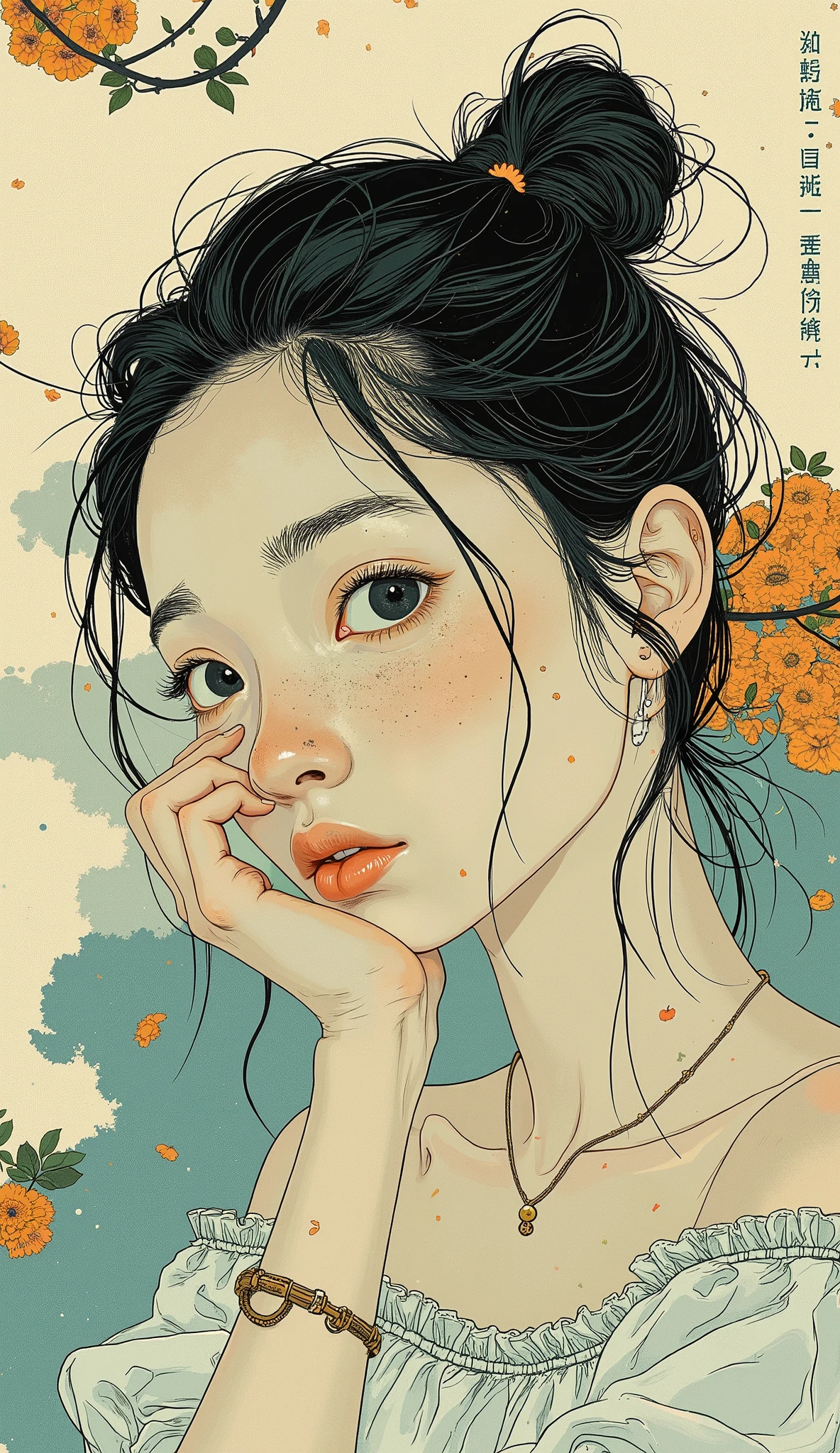 Super Detailed, High Quality, (Illustration of a girl putting her hand on her chin and looking worried), Poetic Atmosphere, delicate and accurate brushwork , neo-expressionism, soft medium hair, Lashes, off-shoulder blouse, Patterns where biological forms are intricately intertwined,