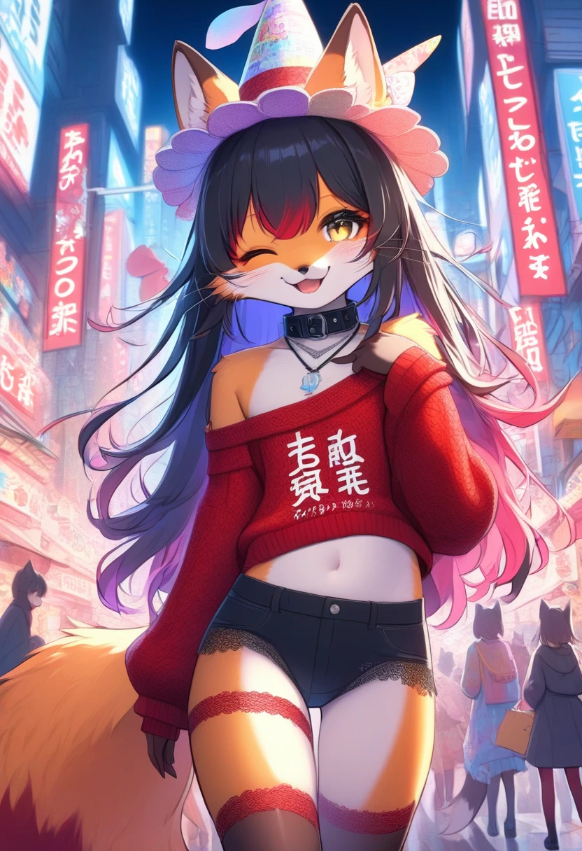 Yaki Neko,Cat,cute,Girl,Happy smile,City night scene,A-cup breasts,Hanfu,Red cat tail