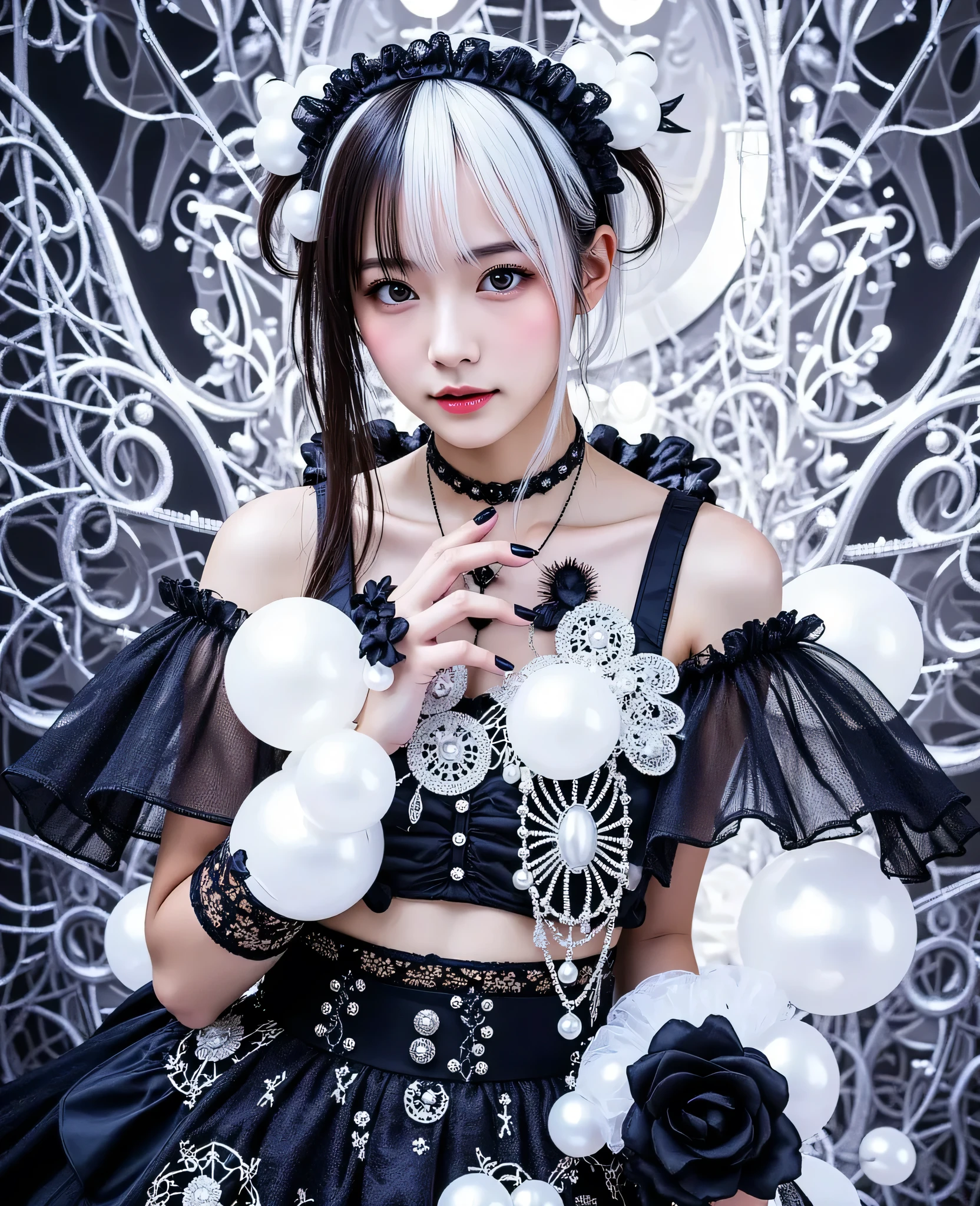 in this impressive photo、figures wear elaborate gothic costumes。The black and white color scheme has、draws the viewer into a dreamy gothic story、creates an atmosphere that combines elements of Victorian elegance and fantasy。The dress is decorated with spiderweb motifs and sparkling pearl-like decorations、it creates a dramatic vibe。the character's nails are long and painted black、The overall atmosphere is fantastic and intense,。with a choker on the neck to enhance the overall balance、The ornate design further enhances the gothic theme。 adorned with intricate lace patterns and frills、Purple、green、Gives off the mystical aura of a bright white urban night、enhances the subtle atmosphere。bright lighting effects、gives the impression that electricity and mystical energy are running through the scene、add a dynamic element to the composition。the background is surreal and visually captivating、vivid in white。