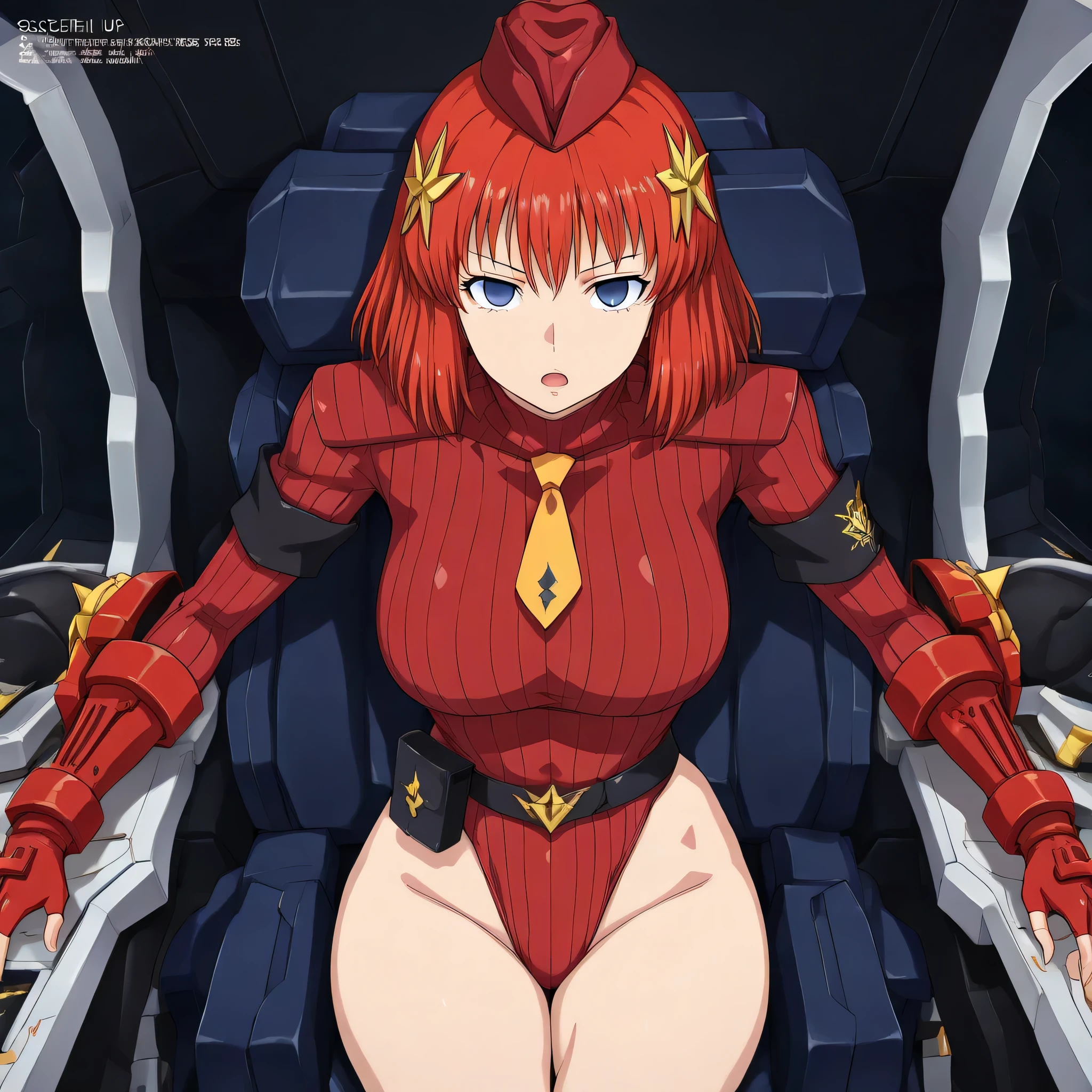 (((Masterpiece))), (((Best Quality))), ((Super Detail)), ultra-High resolution, score_9,score_8_up,score_7_up,score_6_up,score_5_up,score_4_up, BREAK, source_anime, anime screencap, uncensored, rating_explicit, Masterpiece, (absurdres), (detailed background), (very aesthetic), detailed beautiful eyes, outstanding, an exquisite animation illustration, curvy, highres, dark persona, shadaloo dolls, red gloves, hat, cowboy shot, fingerless gloves, gauntlet, red gauntlet, leotard, cosplay, highleg, highleg leotard, red gloves, garrison cap, dark persona, ribbed leotard, yellow necktie, (((solo, 1girl))), hair ornament, submissive pose, seductive pose, anime style, anime coloring, animification, megami magazine, emotionless, empty eyes, expressionless, blank eyes, retro artstyle, large breast, gaw ha leccee, gaw_ha_leccee, l-gaim, red hair, blue eyes, medium hair, serious, open mouth, speed line, utility belt, cowboy shot, straight-on, cockpit, leaning forward, serious expression, sitting,