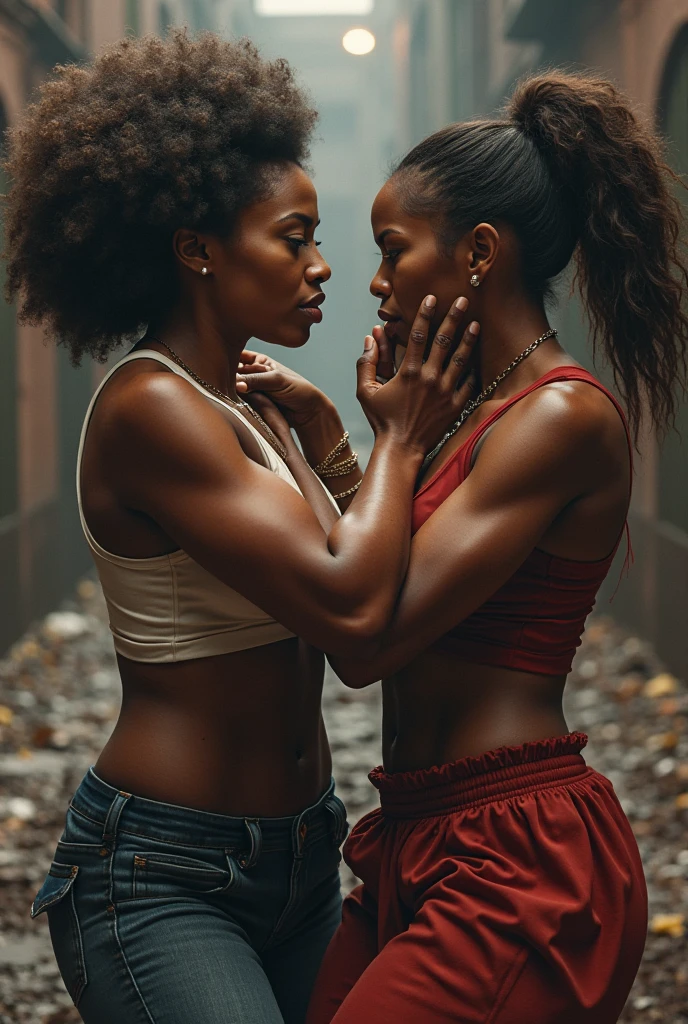 A women black skin dreadlooks submission hold grappling in the Backstage wwe both are totally naked, bare breasts are showing