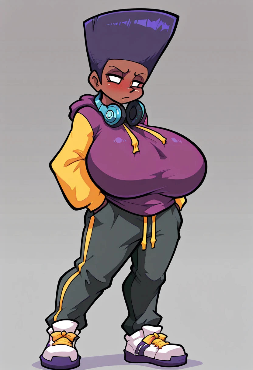 DarnellFNF, 1 Mature girl dark skin, tall sloped purple flattop, white eyes, purple hoodie, yellow sleeves, yellow drawstrings, dark gray trousers, white sneakers, yellow shoelaces, purple midsoles, and blue outsoles, bluish-gray headphones rest around neck,full-body shot blush Big breasts Huge breasts Gigantic breasts breast enlargement Standing