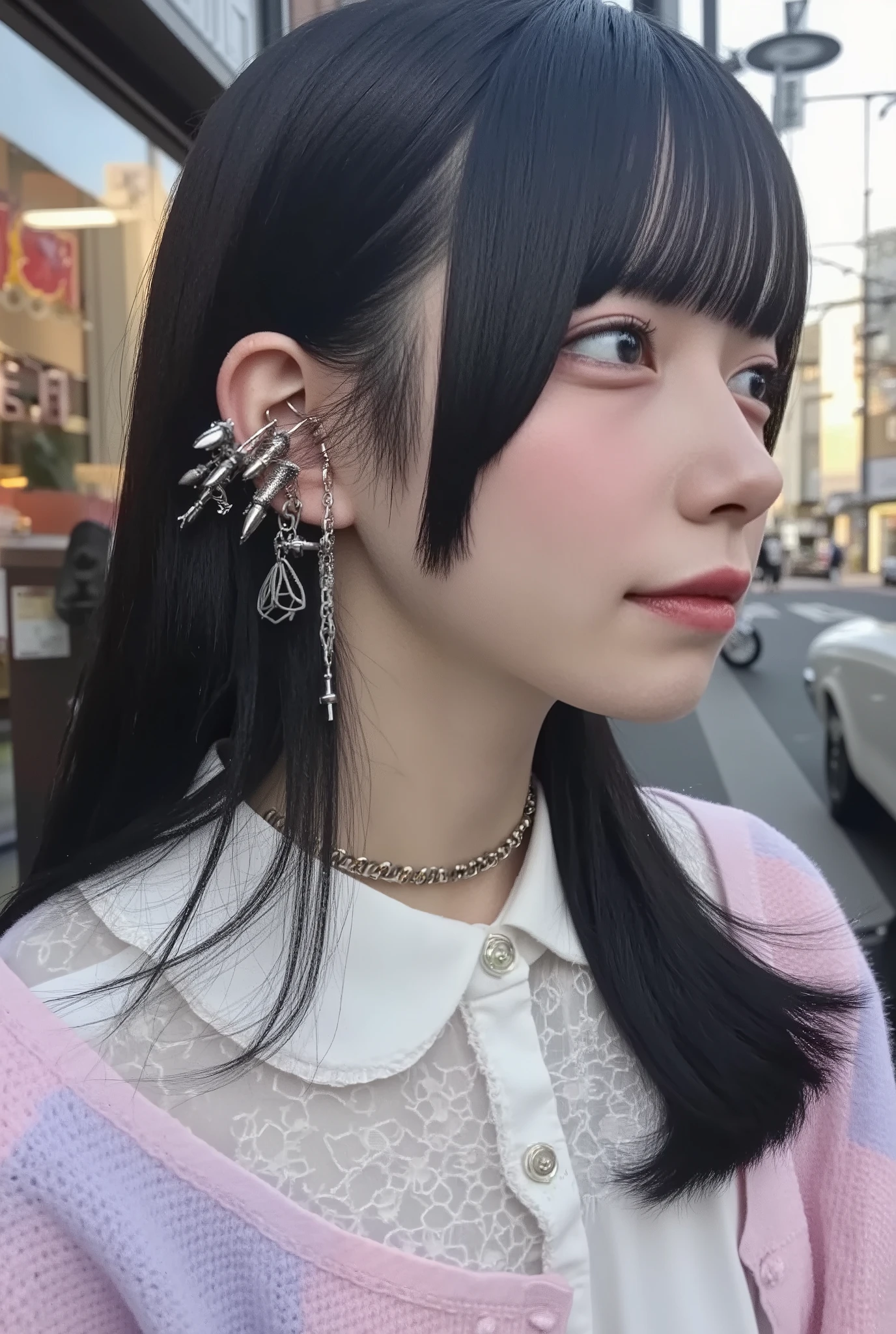 photo-realistic, cinematic bust-up side profile of a calm and graceful Japanese girl with neat straight black hair and soft bangs, wearing a pastel knit cardigan over a white blouse with lace collar, her expression serene and composed, but her exposed ear is dramatically adorned with a striking number of punk-style piercings — multiple silver rings, chains, spikes, studs, and layered ear cuffs stretching along the entire ear, some connected by fine chains, subtle glowing makeup and soft blush, background softly blurred with hints of Harajuku signage and pastel tones, golden-hour natural lighting illuminating her features and metallic piercings, ultra-detailed textures, best quality