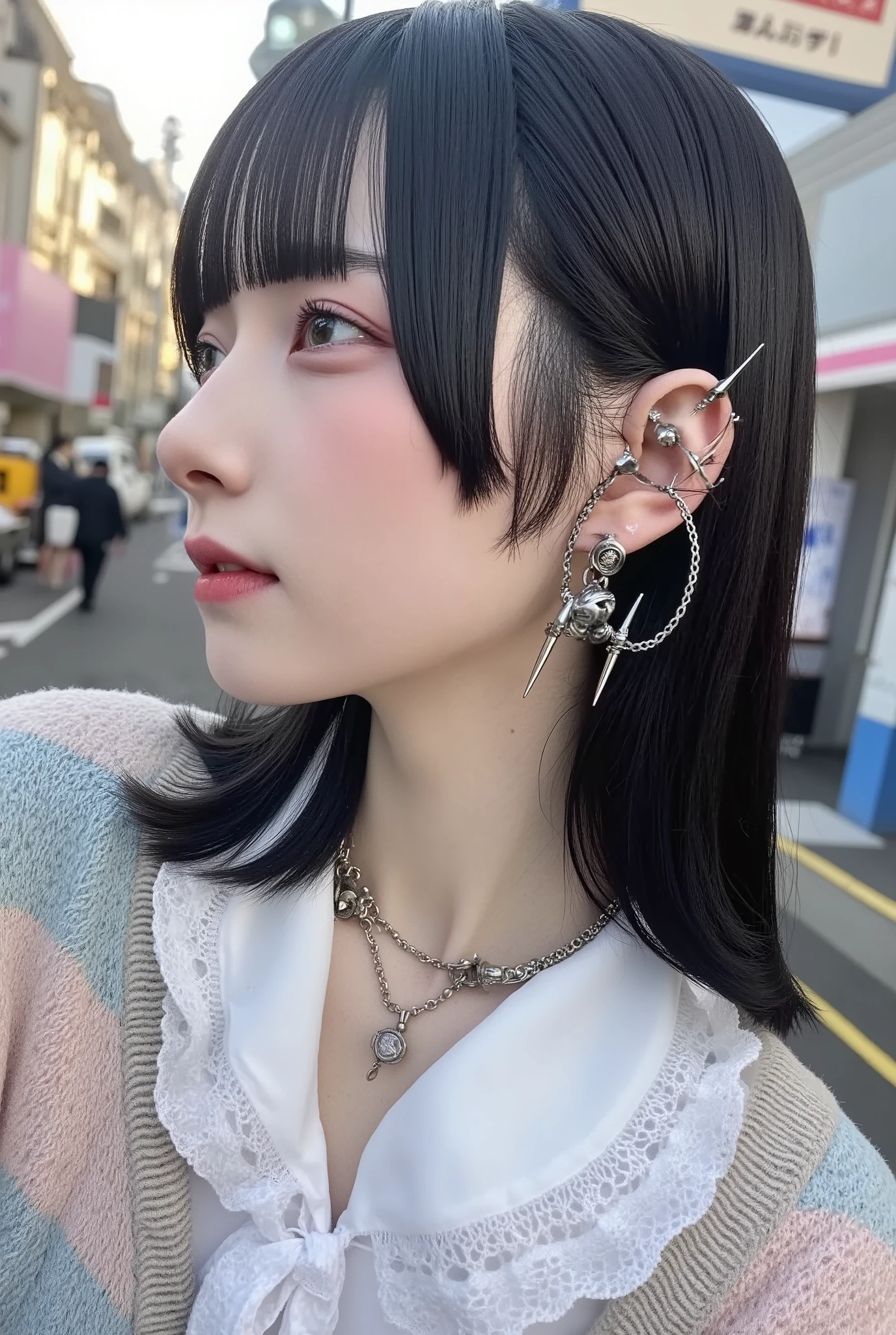 photo-realistic, cinematic bust-up side profile of a calm and graceful Japanese girl with neat straight black hair and soft bangs, wearing a pastel knit cardigan over a white blouse with lace collar, her expression serene and composed, but her exposed ear is dramatically adorned with a striking number of punk-style piercings — multiple silver rings, chains, spikes, studs, and layered ear cuffs stretching along the entire ear, some connected by fine chains, subtle glowing makeup and soft blush, background softly blurred with hints of Harajuku signage and pastel tones, golden-hour natural lighting illuminating her features and metallic piercings, ultra-detailed textures, best quality