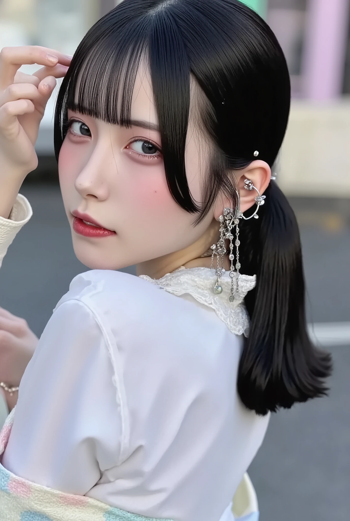 photo-realistic, bust-up portrait of a demure Japanese girl turning slightly over her shoulder with a soft, serene expression, wearing a neat white blouse with lace trim and a pastel cardigan, her long silky black hair tied loosely, exposing her ear adorned with an overwhelming number of elegant piercings — silver studs, delicate hoops, cascading chains, and gemstone drops, all arranged intricately along the ear rim and lobe, soft natural makeup emphasizing innocence, background softly blurred with pastel-toned Harajuku street elements, golden-hour lighting adds a gentle glow to her face and hair, ultra-detailed textures, cinematic composition, best quality