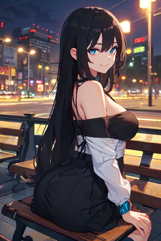 Night Woman。An illustration。girl。Black Hair。Big Breasts。Fantasy。Expose。White skin。mini skirt。breast。I can see your pants。With legs open。Fresnel。The hair is transparent with light。Thick thighs。She's flipping up her skirt herself。