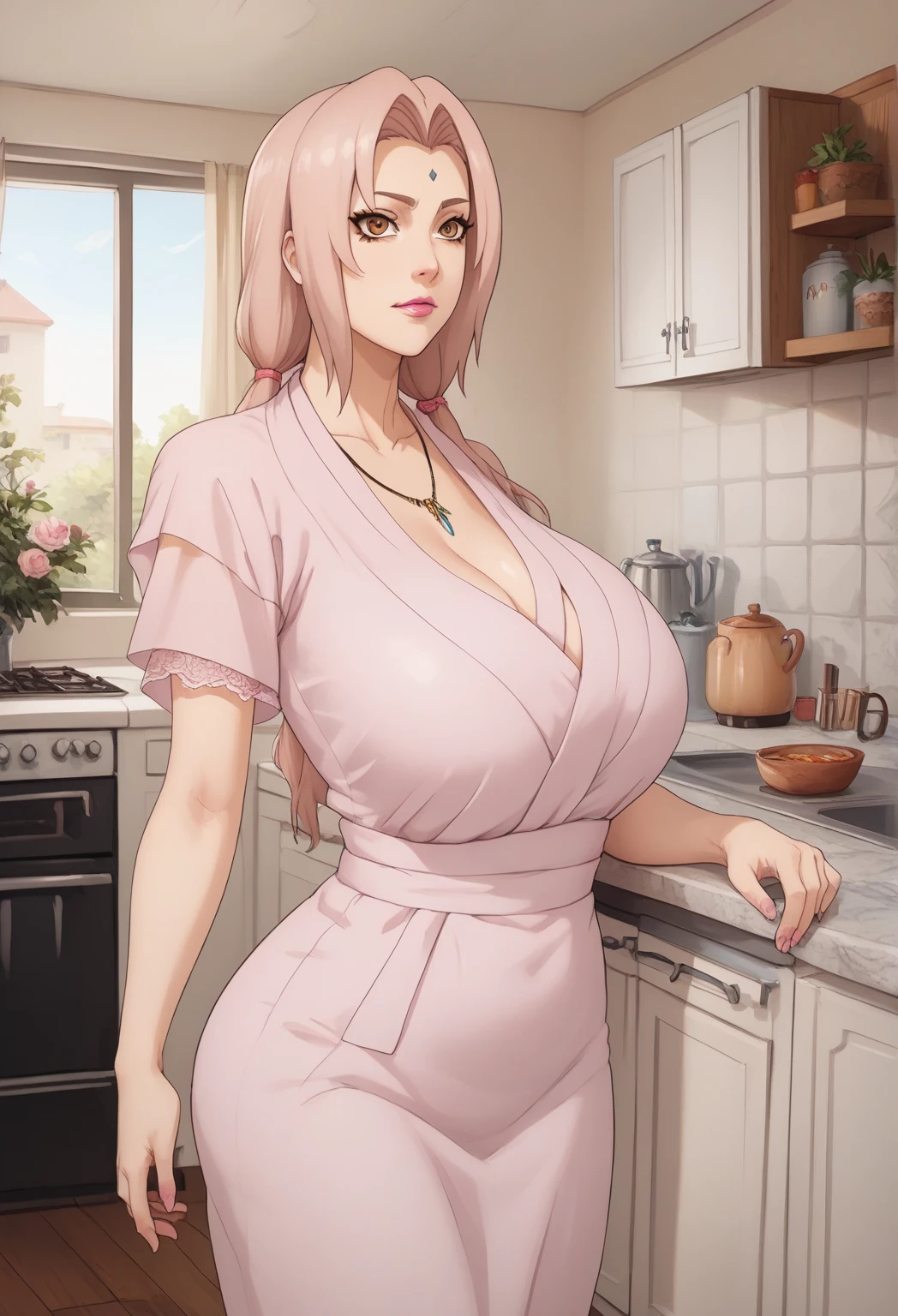 standing, solo, 1girl, mature female, shiny green eyes , naked apron, coffee apron, sideboob, large breasts, areola slip, cleavage, leaning forward, hanging breasts, curvy, hands on table, arms down, looking at viewer, blush, parted lips, light smile, pink color hair, bright green colour eyes, long hair,